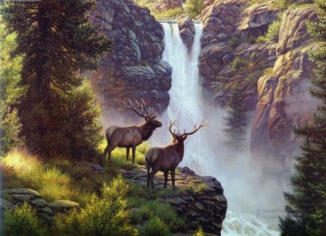 Deer Painting - elk at waterfall